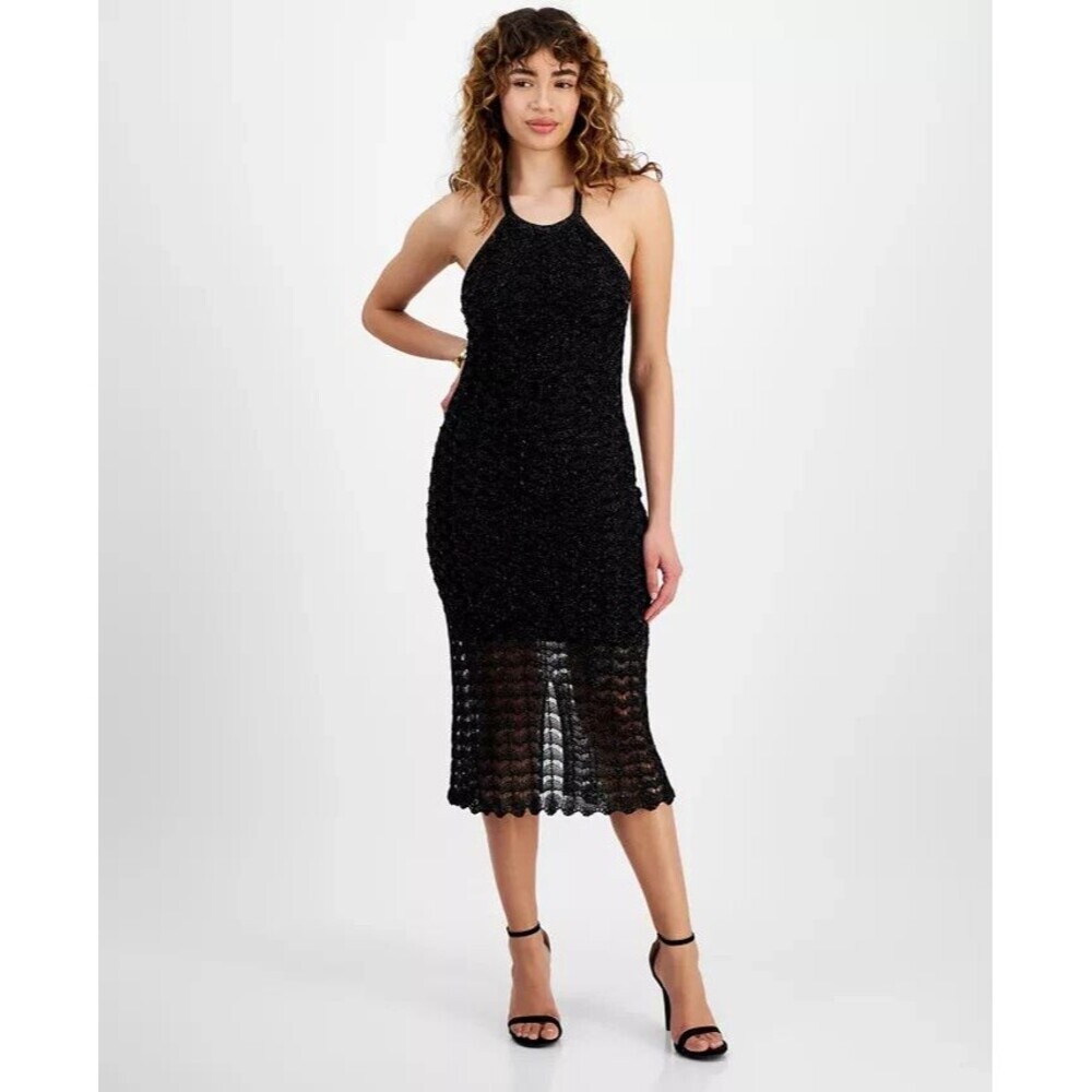 GUESS Women's Alina Halter-Neck Knit Open Back Sleeveless Midi Dress Black Large